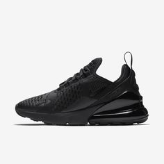 The Nike Air Max 270 combines the exaggerated tongue from the Air Max 180 and classic elements from the Air Max 93. It features Nike's biggest heel Air unit yet for a soft ride that feels as impossible as it looks. Nike Air Max 270 Black, All Black Nikes, Air Max 93, Nike 270, Black Nike Air Max, Air Max 180, Nike Max, Air Max Shoes, Nike Shoes Air Max