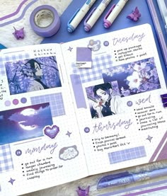 an open planner book with purple and white designs on it, surrounded by other items