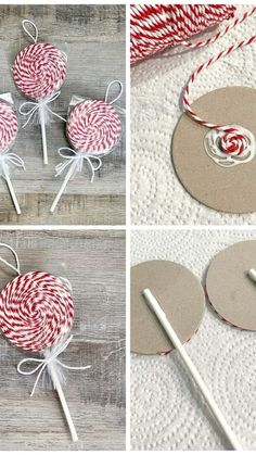 four pictures showing different ways to make lollipops with twine and yarn