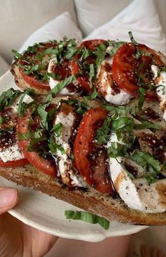 a person holding up a piece of bread with tomatoes and mozzarella on it