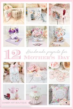 a collage of pictures with flowers and other items in pink, white and blue