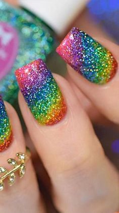 Rainbow Glitter Nails, Nail Design Glitter, Rainbow Nails Design, Rainbow Nail Art, Rainbow Nail, Ombre Nails Glitter, Square Nail Designs, Gender Fluid