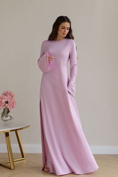 Fabric: Satin Cotton 50%, Polyester 50% Long sleeve Backless Tie detail at the back Thigh slit Maxi length Modest Essentials, Wedding Guest Dress Long Sleeve, Maxi Dress Modest, Maxi Long Sleeve Dress, Modest Long Dresses, Women Nightwear Dresses, Dusty Pink Dress, Outfits Muslim, Night Wear Dress