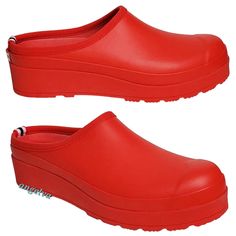 New Hunter Womens Original Play Slide On Clog Logo Red Waterproof Platform Wedge Casual / Classic / Preppy / Career / Work Durable Clog , Add A Little Fun To Your Style With The Oh-So Versatile Hunter Original Play Clog, Featuring A Around, Closed Toe Design, A Platform Wedge Heel, Durable Rubber With Matte Finish, And Hunter Logo On The Back. Rubber Waterproof Slide On Round Toe Comfort Removable Cushioned Footbed Non Slip Rubber Outsole Color Logo Red Note: The Outsole It Is Little Bit Dirty W Red Slip-on Clogs For Outdoor, Hunter Logo, Clogs Heels, Rubber Sneakers, Platform Wedge Heels, Classic Preppy, Swim Shoes, Hunter Shoes, Color Logo