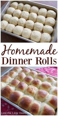 homemade dinner rolls in a pan with the title above it