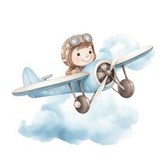 a small airplane with a monkey on it flying through the sky in front of clouds