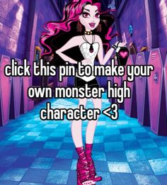 a girl with pink hair standing in front of a purple background and text, click this pin to make your own monster high character > 3