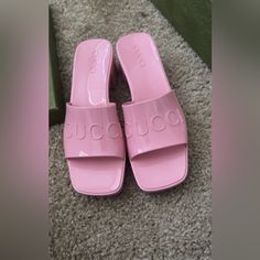 Gucci Rubber Women's Slide Sandal - Size 38 Condition: Like New; Never Worn Authentic. Comes With Box And One Dust Bag Luxury Pink High Heel Sandals, Pink Open Heel Heels, Chic Gucci Sandals For Spring, Luxury Pink Sandals With Padded Heel, Gucci Block Heel Summer Heels, Gucci Block Heels For Summer, Summer Gucci Block Heels, Luxury Pink Block Heel Shoes, Luxury Pink Block Heel Heels