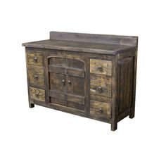 an old wooden dresser with drawers and knobs on the doors is isolated against a white background