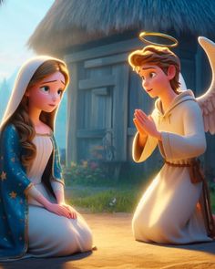 an animated image of two children dressed as mary and jesus in front of a hut