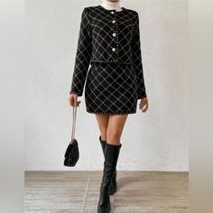 Elegant Tweed Patchwork Plaid Long Sleeve Jacket And Skirt Set Boutique Brand Women’s Apparel Standard Boutique Sizing Tags Shown As Letters. Sizing Chart: Size 2 = Xs Size 4 = S Size 6 = M Size 8/10 = L Size 12 = Xl Size 14 = Xxl !!*Please Note*!! This Is A Pre-Order Item And Requires A Longer Than Usual Shipping Time. Please Allow 7-14 Business Days Before Shipping. Please Consider This Time Frame Before Placing Your Order. Preorder Items Are Not Eligible For Cancellation. Thank You For Your P Tweed Patchwork, Boutique Aesthetic, Military Ball Gowns, Crochet Two Piece, Jacket And Skirt Set, Back To School Fashion, Long Sleeve Jacket, Bohemian Hippie, Sleeve Jacket