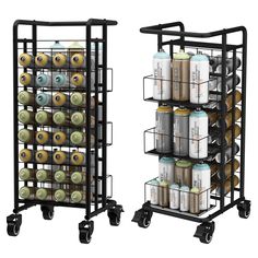 two metal racks with cans and cans on them