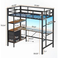 an image of a loft bed with desk and storage space measurements on the bottom shelf