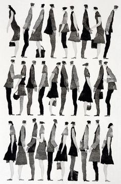 the silhouettes of people in hats and dresses are drawn on white paper with black ink