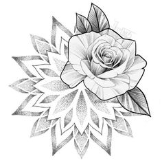 a drawing of a rose with leaves on the bottom and center, in black and white