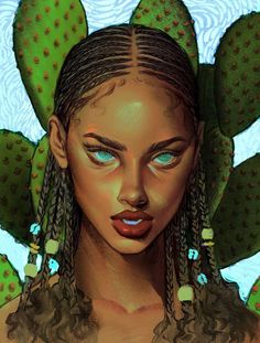 a painting of a woman with blue eyes and long braids in front of cactuses