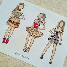 three drawings of women in short dresses and high heels