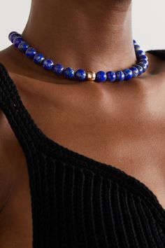 Drawing inspiration from modern art, Mateo's fine jewelry collections focus on simplicity and minimalism. This 14-karat gold necklace is strung with vibrant lapis lazuli beads and has the label's signature 'M' charm at the adjustable fastening. Wear it with your favorite tees and knitted tanks, or layer it beneath the collar of a classic shirt. Lapis Lazuli Beaded Necklace, Lapiz Lazuli Necklace, Lapis Lazuli Jewelry Necklaces, Royal Blue Accessories, Gemstone Necklace Diy, Blue Beads Necklace, Pirate Mermaid, Material Exploration, Healing Beads