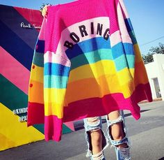 Colorful Day | BORING Heart Embroidery Rainbow Knit Cardigan Sweater Rainbow Clothes Aesthetic, Big Aesthetic, Eclectic Clothing Style, Embroidery Rainbow, Everday Style, Rainbow Cardigan, Colorful Wardrobe, Cycling Tops, Long Sleeve Knit Top