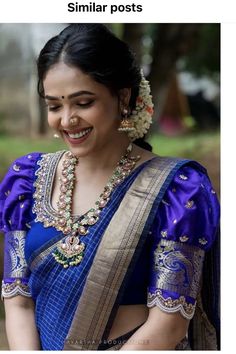 Simple Blouse Designs For Engagement, Blouse Designs Latest For Pattu, Butta Blouse Designs For Pattu Sarees, Dhare Saree Blouse Designs, Trendy Pattu Blouse Designs, Violet Color Blouse Designs, Engagement Work Blouses, Kanchi Blouse Designs Latest, Blouse Designs For Marriage Saree