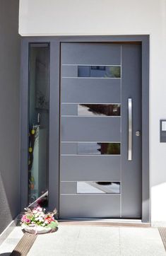 a modern door with glass panels on the outside