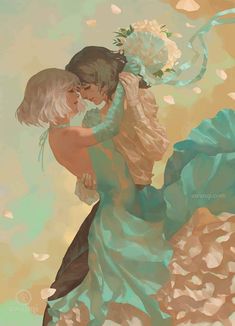 a painting of two people hugging each other in front of a sky with white flowers