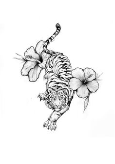 a black and white drawing of a tiger with flowers on it's back legs