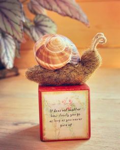 a small stuffed snail sitting on top of a box