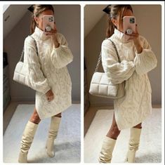 Blogger's Favorite Knit Dress. Sold Out Online. Dresses With Thigh High Boots, Hot Mom Outfits, Chunky Sweater Dress, Chunky Knit Sweater Dress, Khaki Sweater, Cable Knit Dress, Chunky Cable Knit Sweater, Cable Knit Sweater Dress, Dress H&m