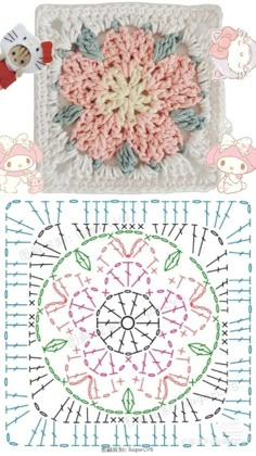 two crocheted pictures with different designs on them