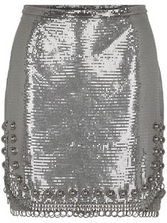 silver-tone aluminium metallic effect mesh panelling stud embellishment rear press-stud fastening high-waisted curved hem thigh-length Chloe 2024, Sparkle Skirt, Iconic Bags, Demi Fine Jewelry, Summer Beach Wear, Paco Rabanne, Exclusive Fashion, Fine Earrings, Ballet Flat Shoes