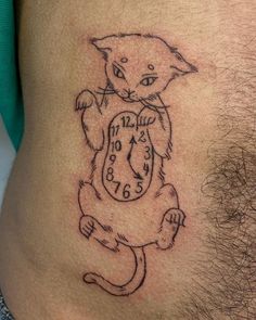 a man with a tattoo on his stomach has a cat holding a clock