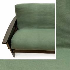 a green chair that is next to a white wall and the bottom one has a brown arm rest