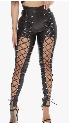 Fishnet Trim Lace Up PU Leather Pants Thin Lightweight Punk Rocker Leggings.  "This pin contains affiliate links, which means I may earn a commission at no cost to you extra for you". 
 #affiliate #advertising"