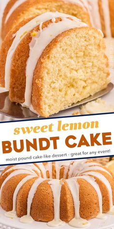 a bundt cake with white icing on top and the words, sweet lemon bundt cake