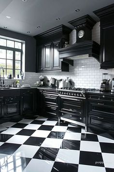 a black and white checkered floor in a kitchen