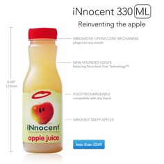 an infocent bottle with information about the ingredients for apple juice and how to use it