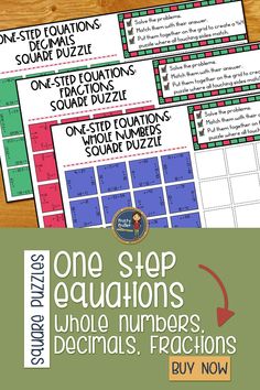 three square puzzles with the words one step, two equal numbers and four fractions