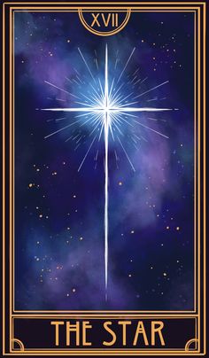 the star tarot card in gold and blue with stars above it, on a dark background