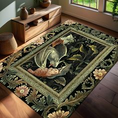 a rug with flowers and birds on it in front of a wooden floor next to a window