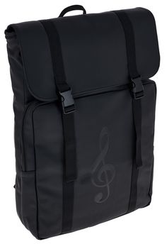 a black backpack with a musical note on the front and side pocket, attached to it