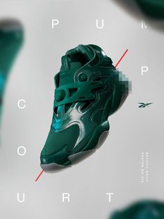 a pair of green sneakers on top of a white background with the words puma court above them