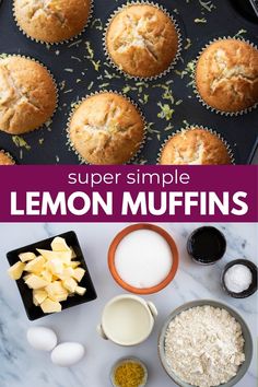 lemon muffins on a baking sheet with ingredients to make them