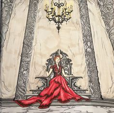 a drawing of a woman in a red dress sitting on a throne with a chandelier