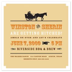 an old fashioned horse drawn carriage is featured in this wedding card design, which features orange and