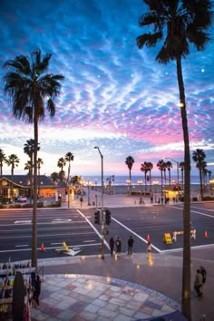 palm trees line the street as people walk on the sidewalk at dusk in front of an oceanfront