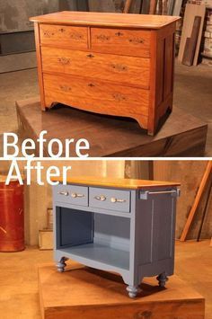 an old dresser is transformed into a new piece of furniture with chalk paint and wood veneers