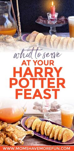 an advertisement for harry potter feast with breads and drinks on the table in front of it