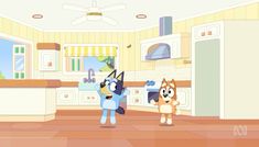 two cartoon characters are in the kitchen and one is holding a dog's paw