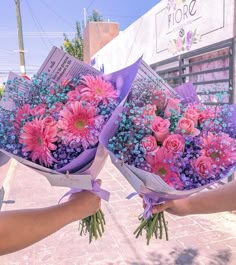 two hands holding pink and purple flowers